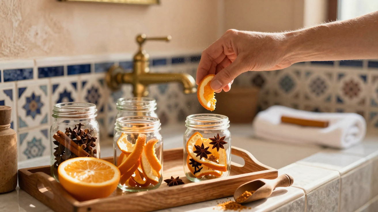 Mão colocando fatia de laranja em pote com especiarias em bandeja de madeira junto a pia de banheiro.