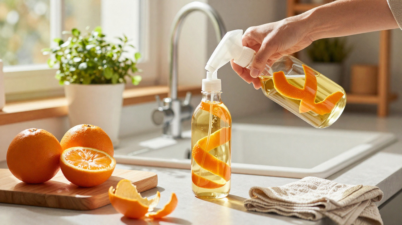 Pessoa enchendo frasco com líquido amarelo e casca de laranja em cozinha iluminada natural.