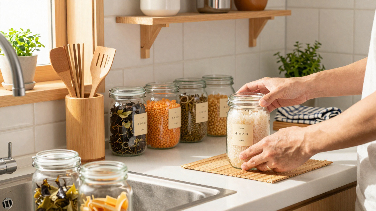 Mãos fechando pote de vidro com arroz em cozinha com temperos e utensílios ao fundo.