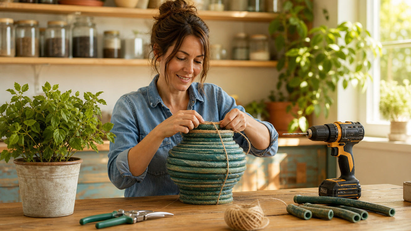 Mulher sorridente amarra barbante em vaso decorativo verde em mesa com ferramentas e plantas.