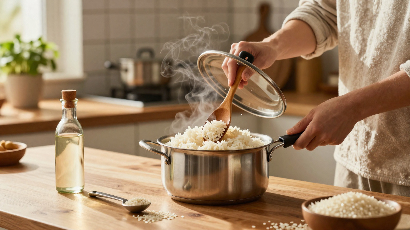 Pessoa mexendo arroz branco cozido em panela de inox na bancada de madeira em cozinha iluminada.