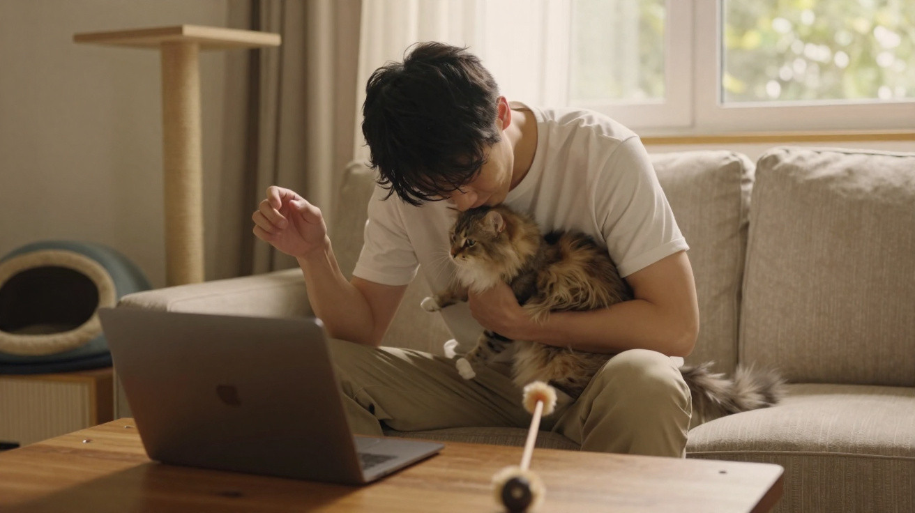 Homem sentado no sofá com gato no colo, com laptop em mesa de madeira à sua frente.