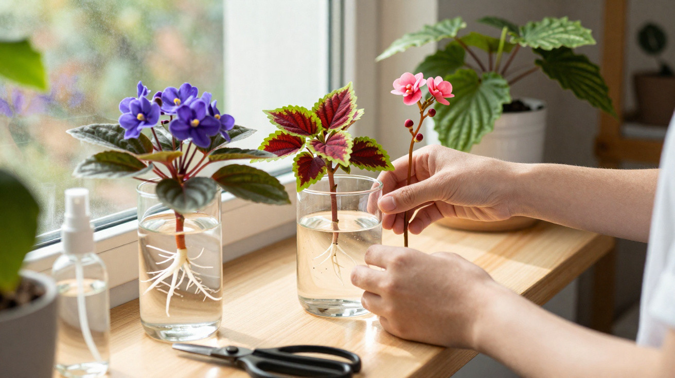Mãos preparando cortes de plantas com folhas e flores coloridas em copos com água em uma janela.