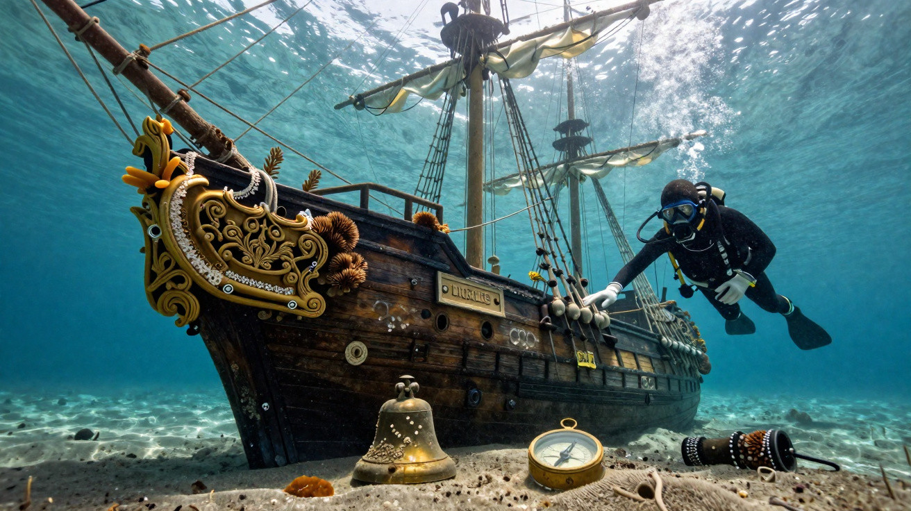 Mergulhador explorando um navio pirata submerso com bússola, sino e objetos antigos no fundo do mar.