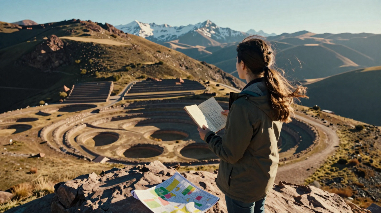 Mulher de costas lendo livro em sítio arqueológico circular com montanhas ao fundo.