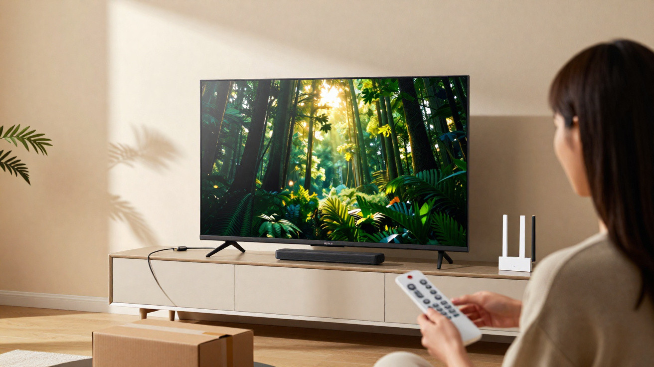 Pessoa assistindo TV com imagem de floresta tropical, controle na mão, ambiente interno iluminado.