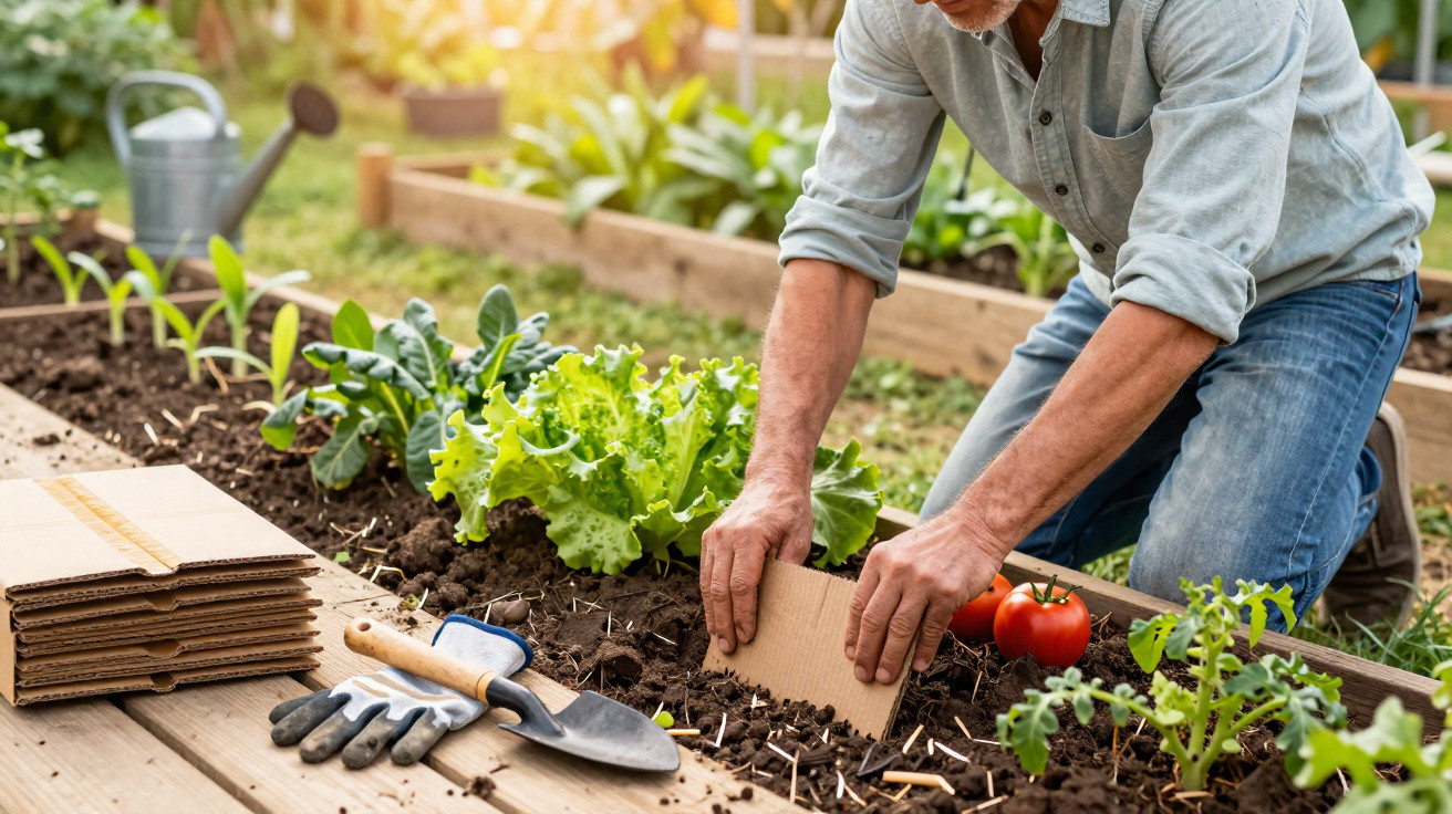Homem plantando placas de papelão em canteiro de verduras e tomates em horta doméstica.