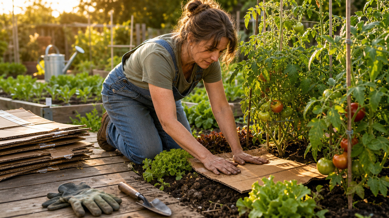 Mulher ajoelhada no jardim preparando o solo com pedaço de papelão próximo a plantas e tomates.