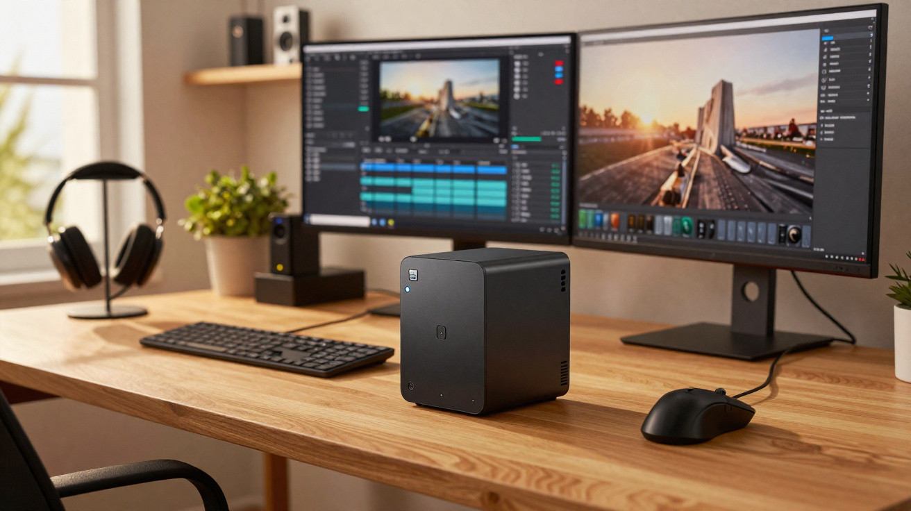 Mesa de madeira com dois monitores, computador compacto, teclado, mouse, fone e plantas em ambiente iluminado.