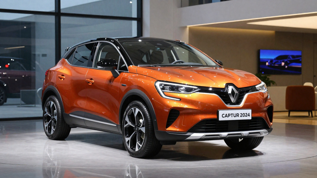 Carro Renault Captur 2024 laranja metálico exposto em showroom moderno com iluminação interna.