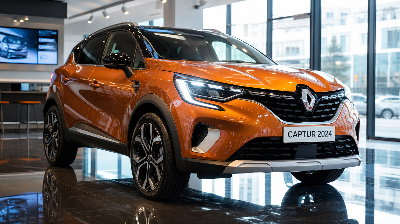 Carro SUV Renault Captur 2024 laranja em exibição dentro de showroom moderno e iluminado.