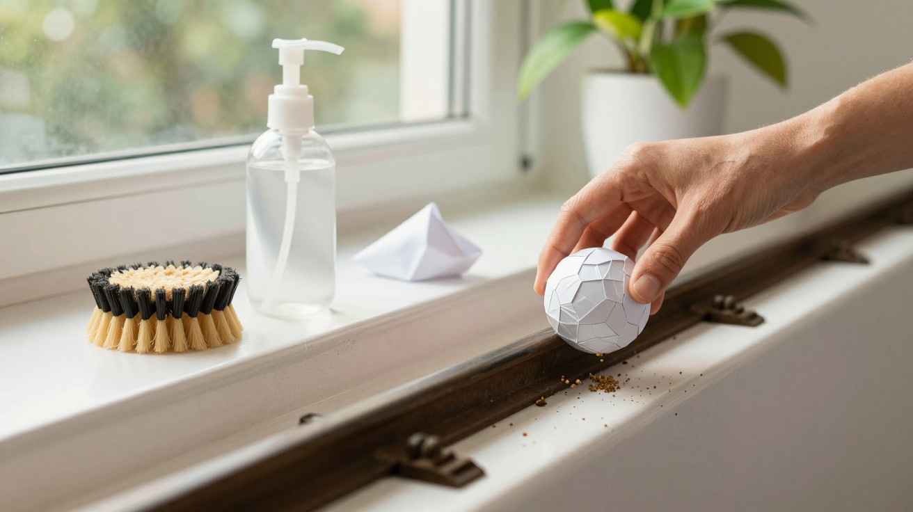 Mão segurando esfera branca para limpar sujeira em trilho de janela, ao lado de escova, frasco e objeto de papel.
