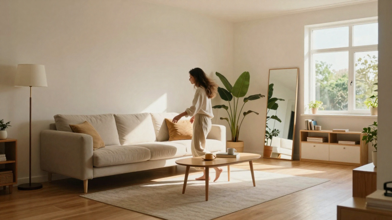 Mulher em ambiente minimalista ajeitando almofada em sofá claro numa sala iluminada e aconchegante.