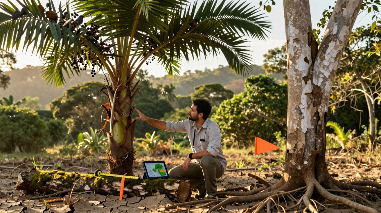 Pesquisador analisa palmeira em área seca com notebook e equipamentos de medição no solo.