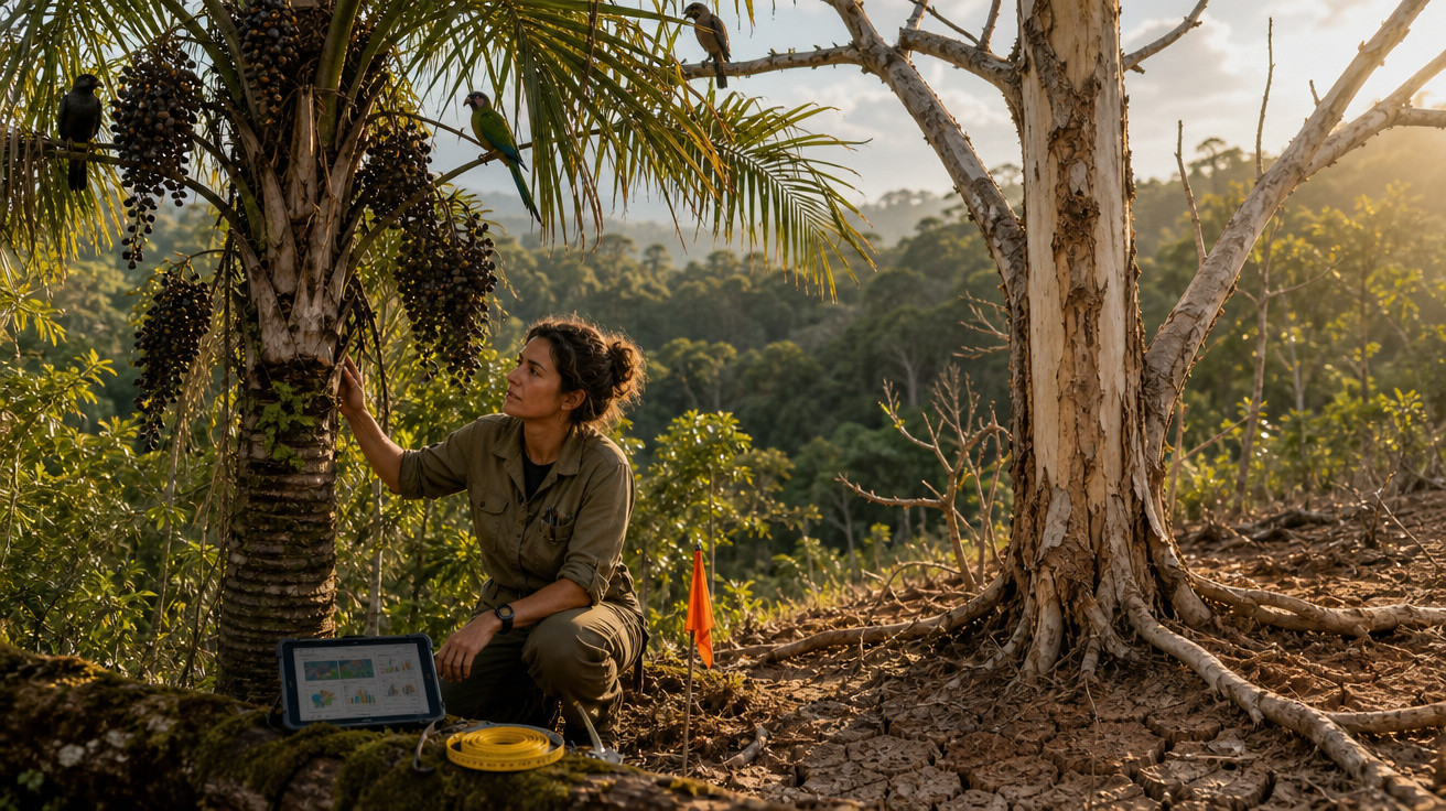 Mulher analisando coqueiro com pássaros ao redor em área rural ao entardecer, com laptop e fita métrica no chão.
