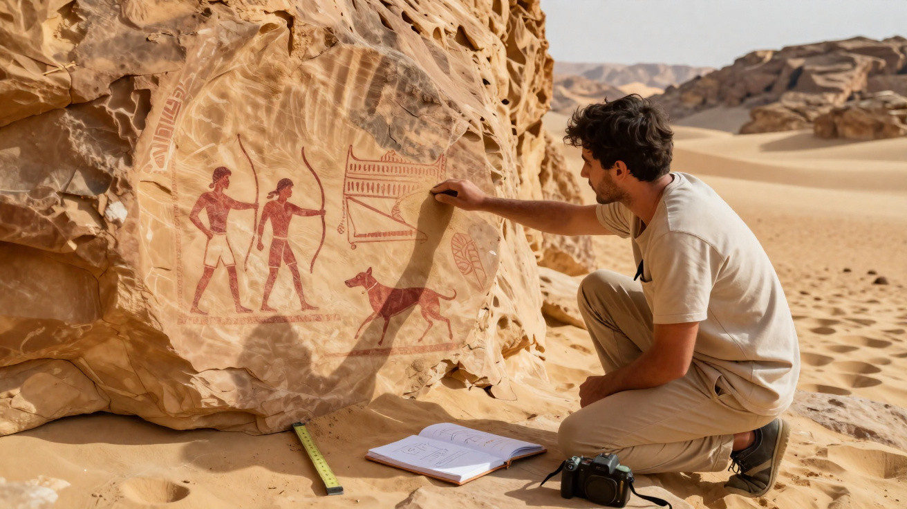 Homem analisa pinturas rupestres em parede de pedra no deserto com caderno e câmera ao lado.