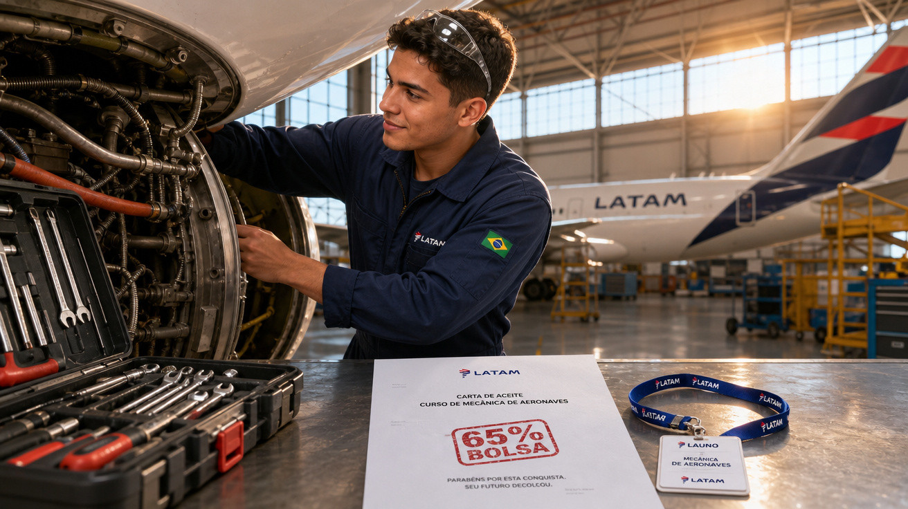 Técnico de aviação com uniforme LATAM realiza manutenção em motor de avião em hangar iluminado.