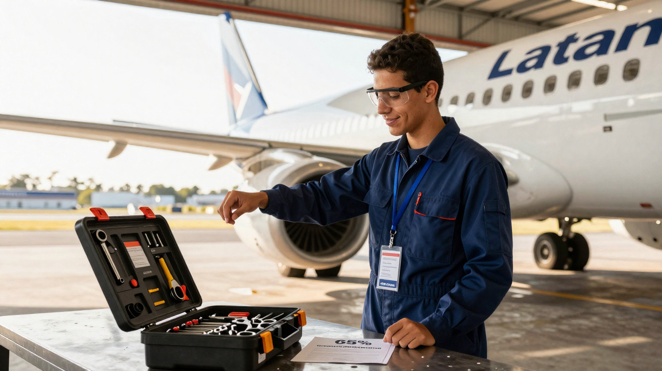 Técnico de manutenção em uniforme azul preparando ferramentas na área de hangar, com avião Latam ao fundo.