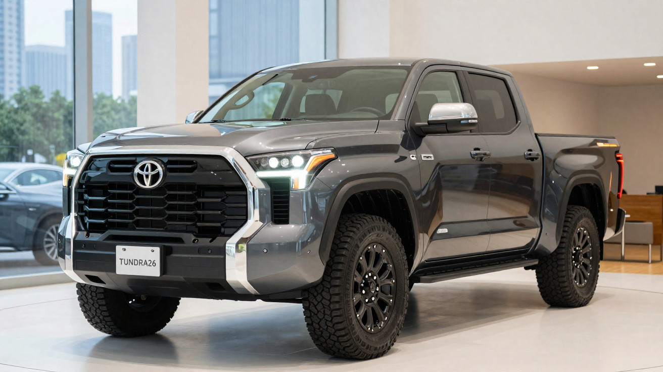 Picape Toyota Tundra cinza escuro exibida em showroom moderno com luz natural.