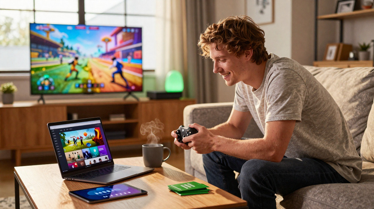 Homem sorridente jogando videogame com controle, sentado em sofá com notebook e tablet sobre mesa de madeira.