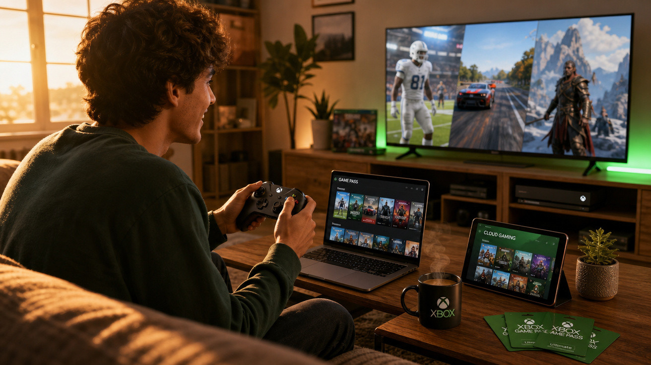 Jovem jogando videogame em sala com tela grande, laptop e tablet exibindo jogos Xbox.