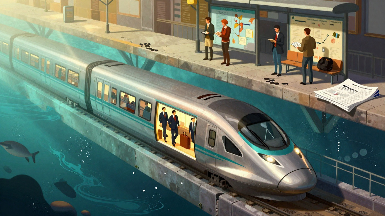 Trem moderno em estação sobre água com pessoas esperando e peixes nadando ao redor.