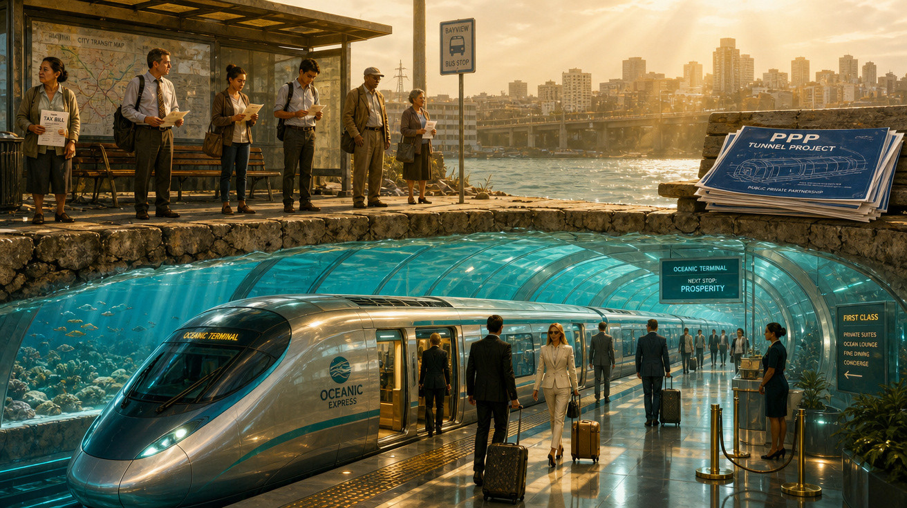 Estação futurista com trem submarino e pessoas esperando no ponto à beira-mar ao pôr do sol.