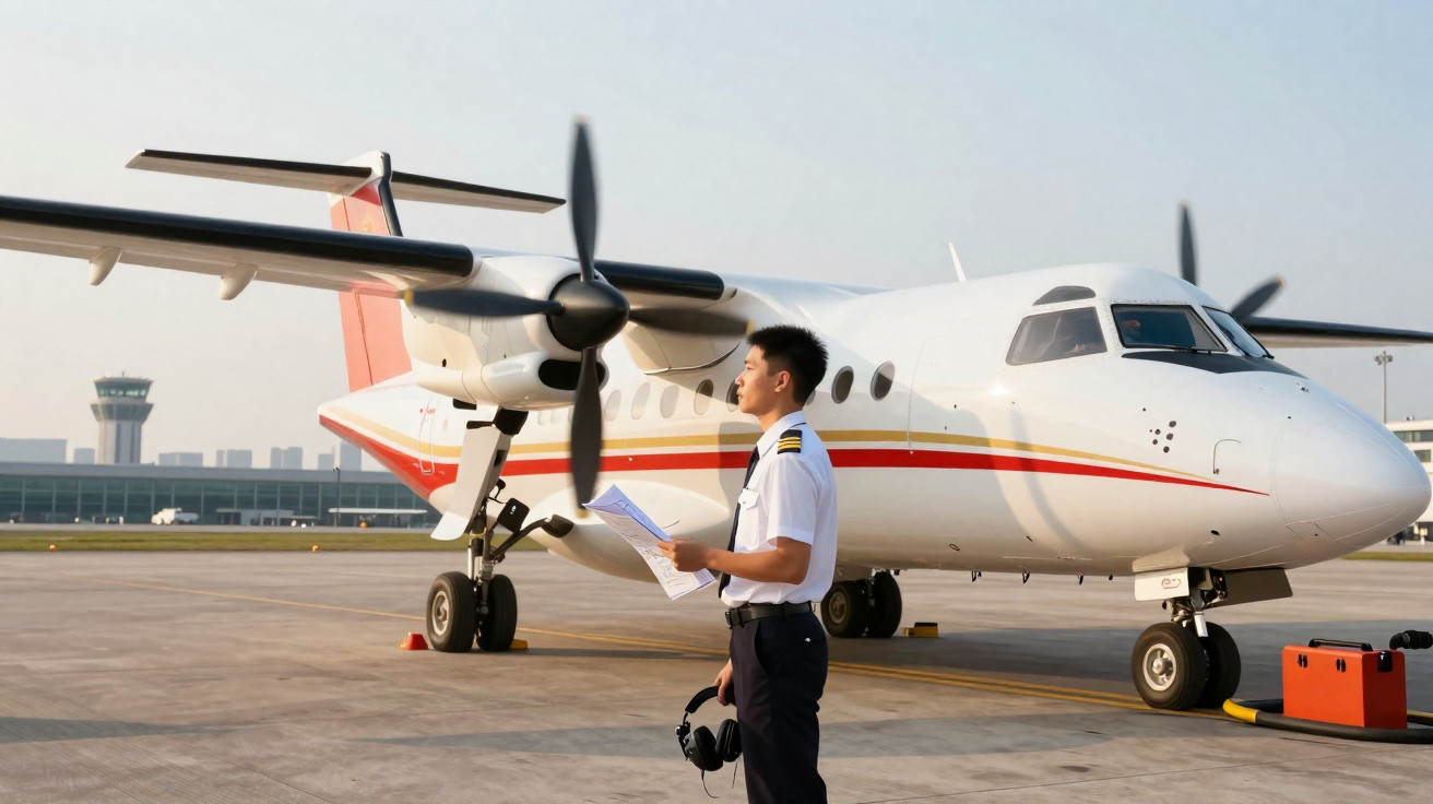 Piloto em uniforme branco segurando documentos ao lado de avião turboélice estacionado no aeroporto.