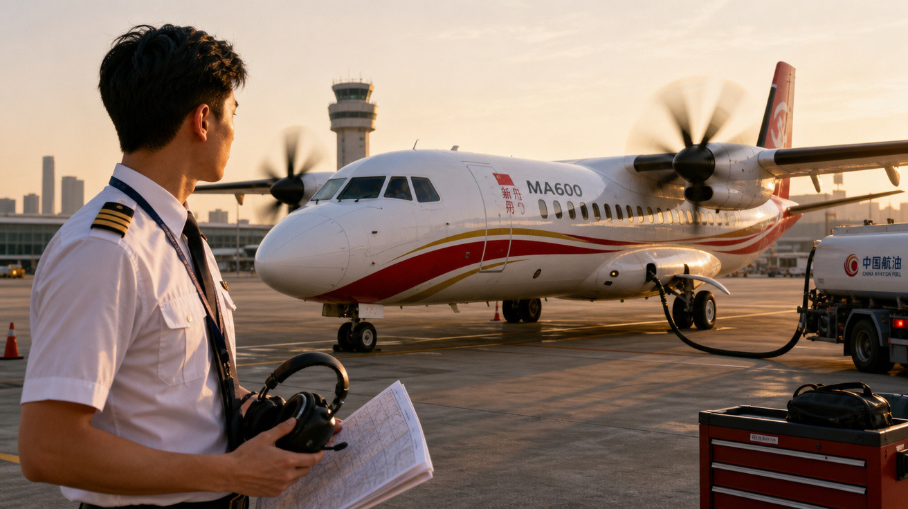 Piloto observa avião turboélice MA600 na pista enquanto recebe abastecimento no entardecer.