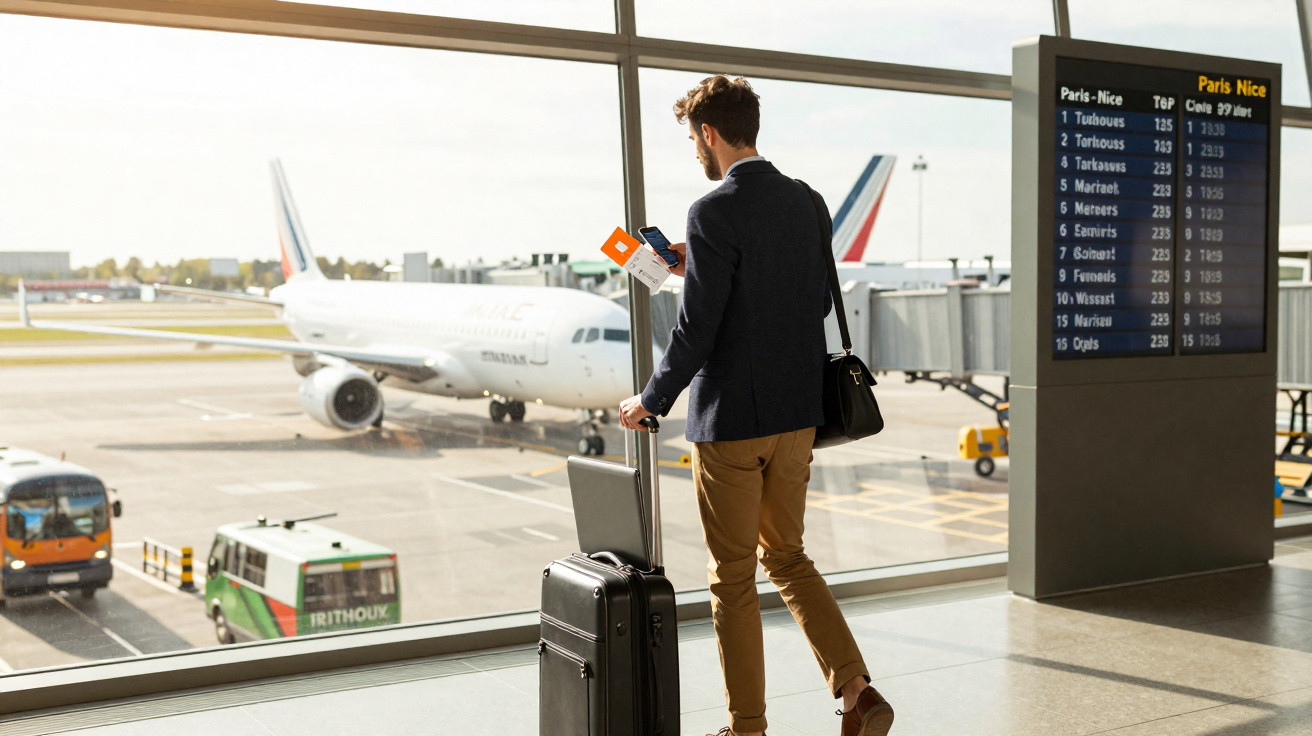 Homem com mala e celular olhando avião pela janela no aeroporto, com painel de voos ao lado.
