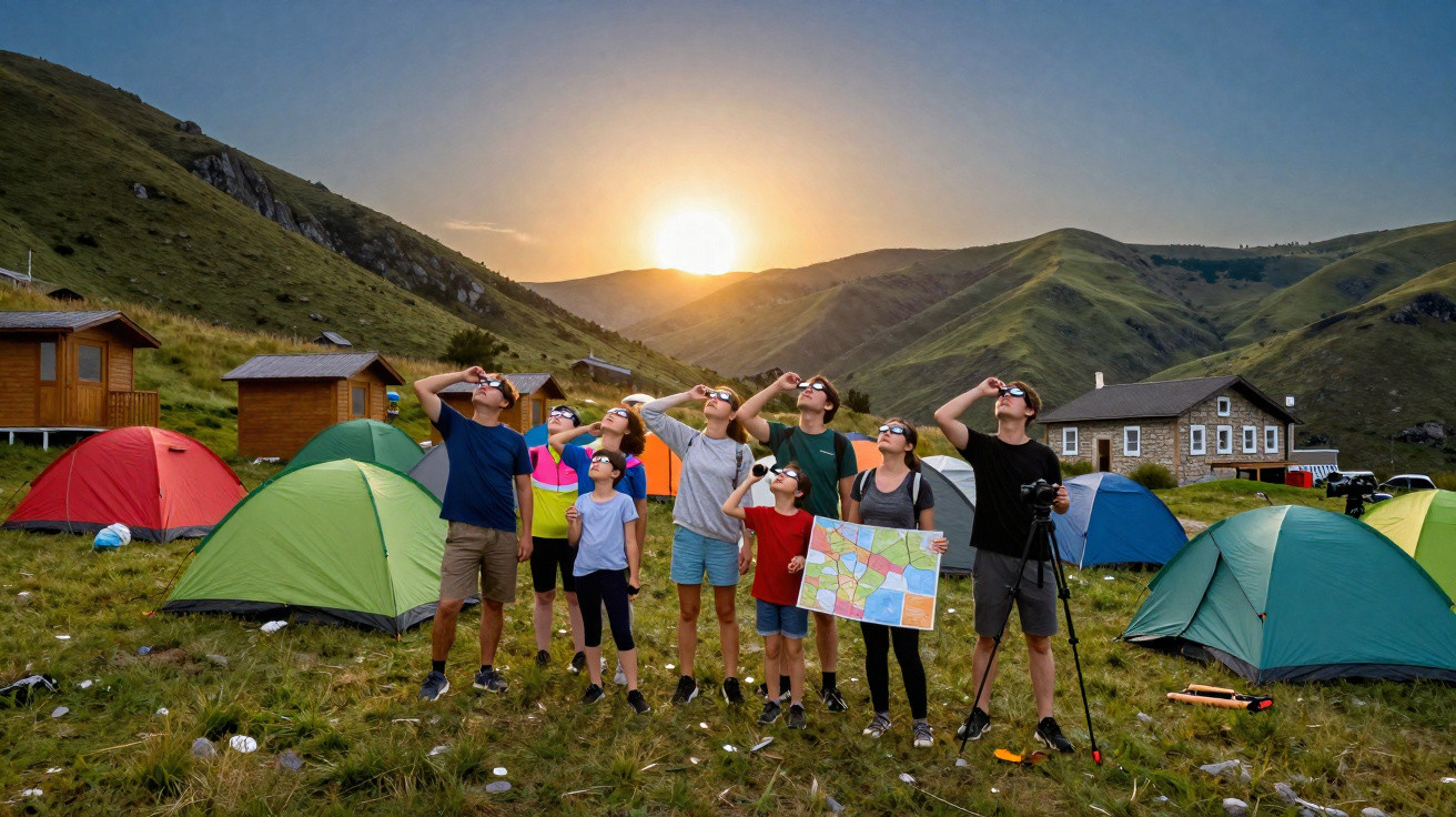 Grupo de pessoas em área de camping nas montanhas observando o céu ao pôr do sol com óculos especiais.