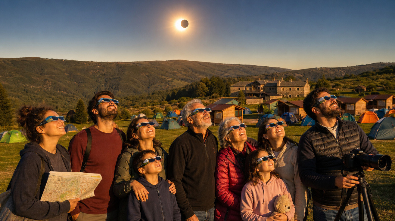 Grupo de pessoas com óculos especiais observando eclipse solar em área de acampamento na montanha.