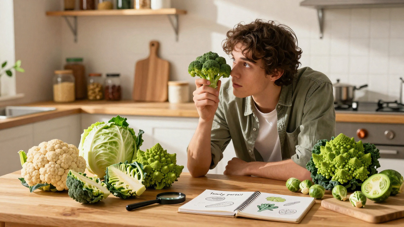 Jovem sentado em cozinha segurando brócolis, com várias verduras e caderno de anotações sobre vegetais na mesa.