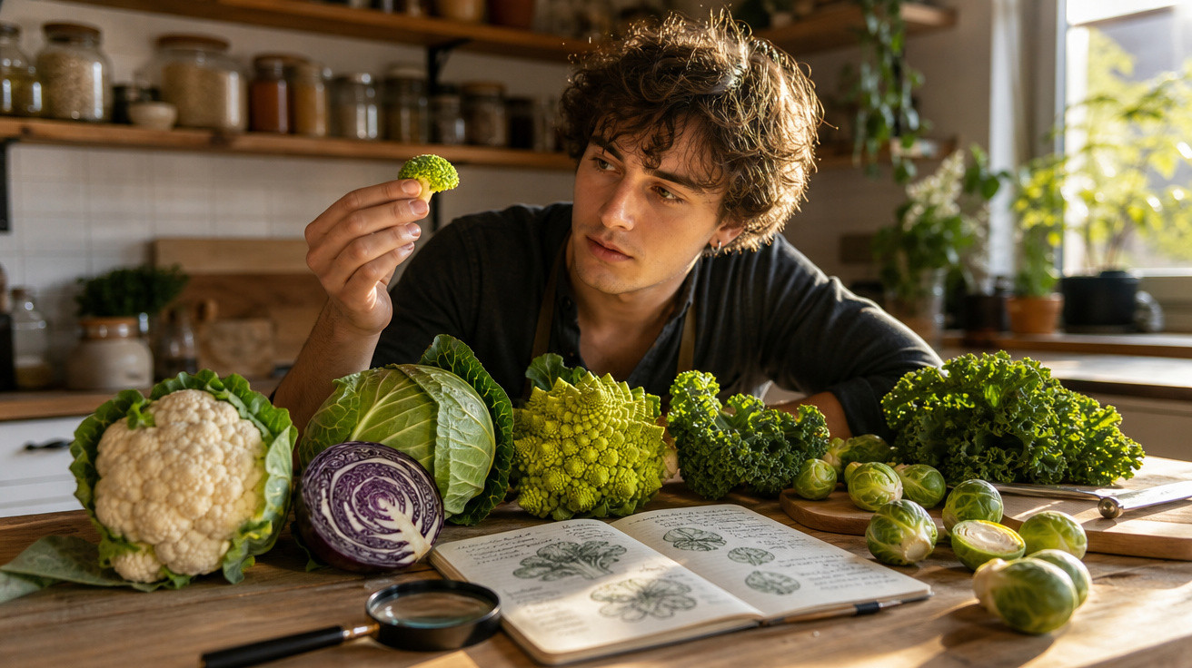 Jovem observa brócolis romanesco na cozinha, cercado por diversos vegetais e livro aberto de botânica.