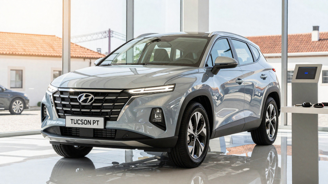 Carro SUV Hyundai Tucson PT cinza em exposição dentro de loja com piso brilhante e janelas grandes.