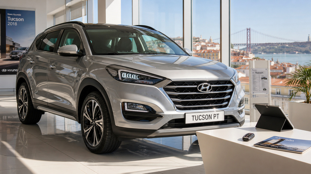 SUV Hyundai Tucson prata exposto em showroom com vista urbana ao fundo, placa TUCSON PT.