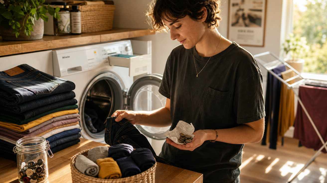 Mulher organizando roupas e moedas em lavanderia com máquina de lavar e varal ao fundo.