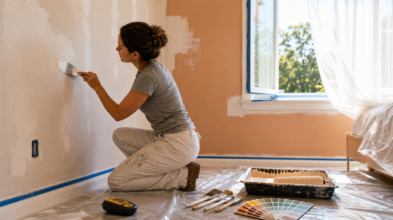 Mulher pintando parede interna de quarto, com tubos de tinta, pincéis e amostras de cores no chão.