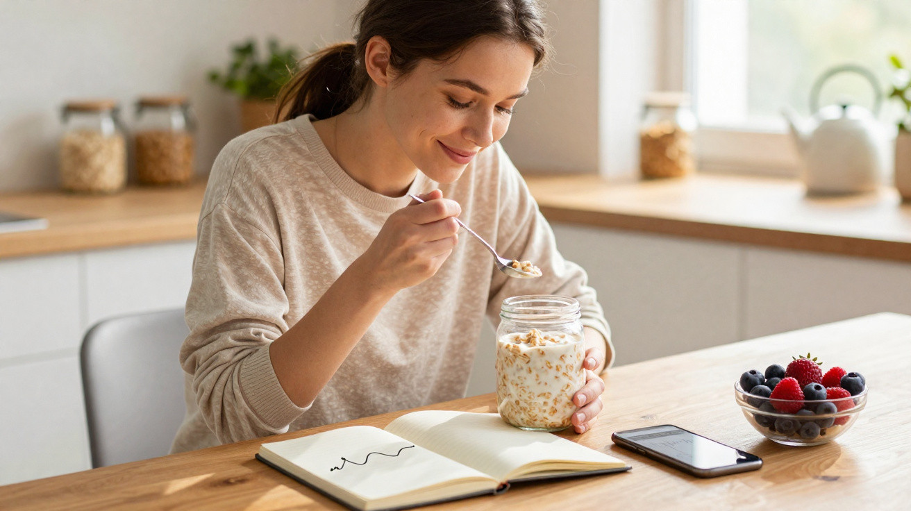 Mulher sorridente comendo iogurte com granola na cozinha, com caderno, celular e frutas na mesa.
