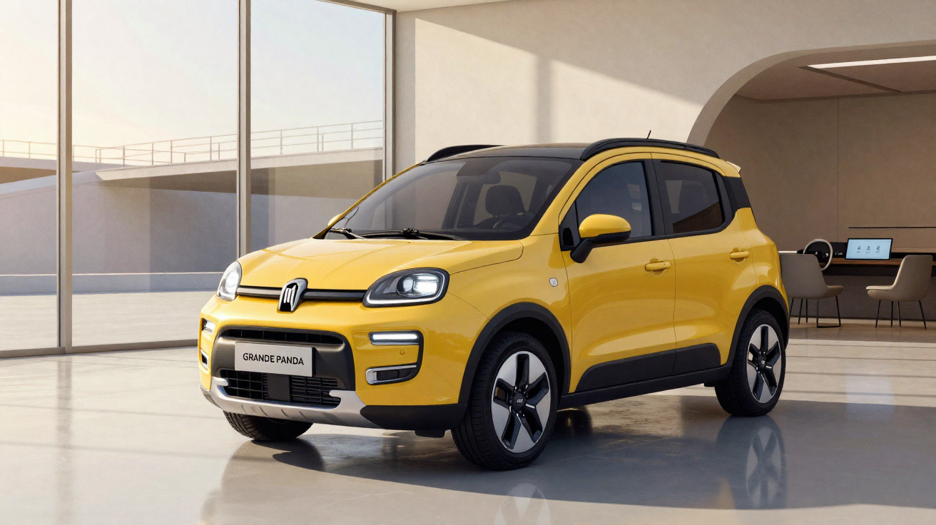 Carro compacto amarelo modelo Grande Panda estacionado em ambiente interno moderno e iluminado.