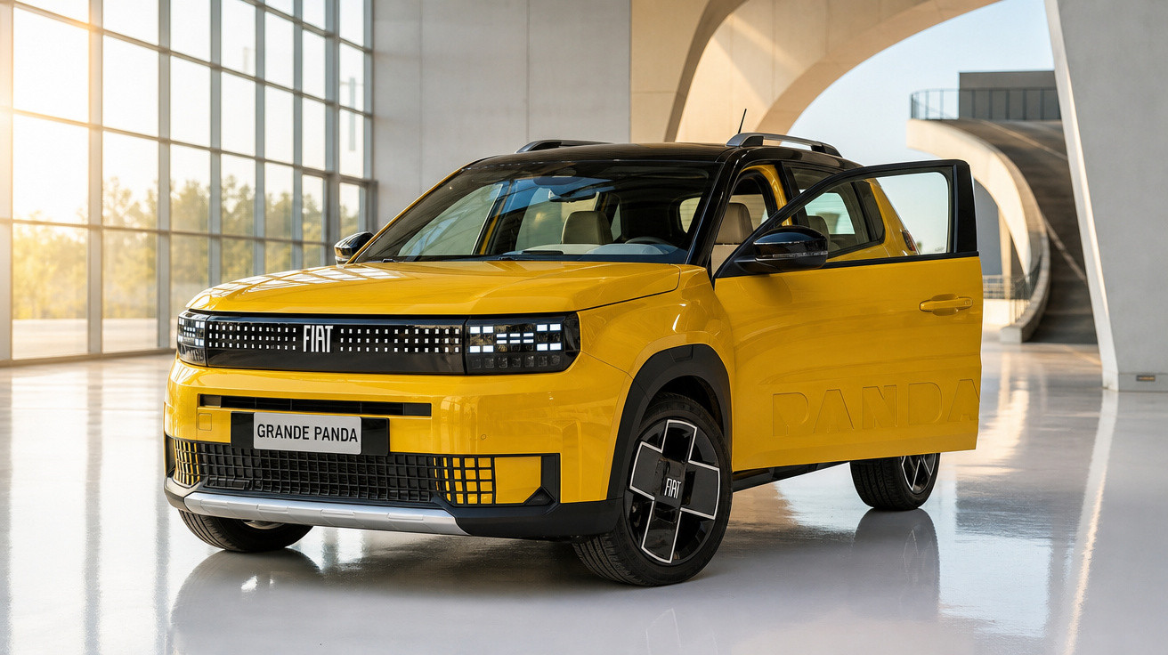 Carro Fiat Grande Panda amarelo com a porta dianteira direita aberta em ambiente moderno e iluminado.