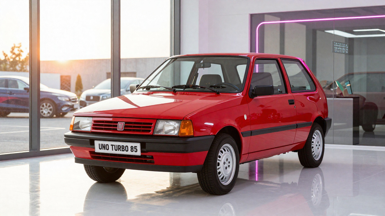 Carro Fiat Uno Turbo 85 vermelho estacionado em showroom com paredes de vidro e iluminação interna rosa.