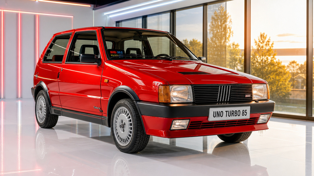 Carro vermelho Fiat Uno Turbo 85 exibido em ambiente interno moderno com janelas grandes ao fundo.