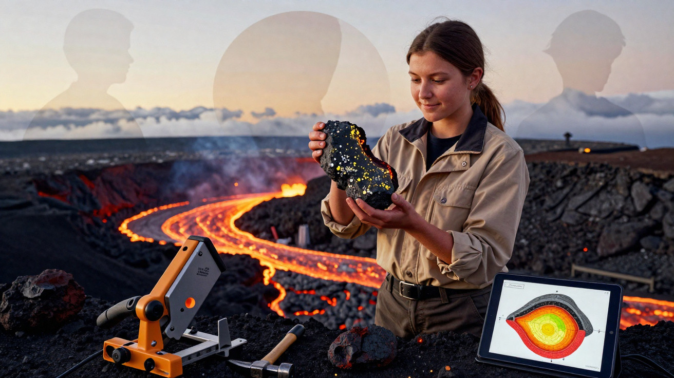 Mulher segura pedaço de lava em vulcão ativo com equipamento de análise e tela mostrando dados geológicos.