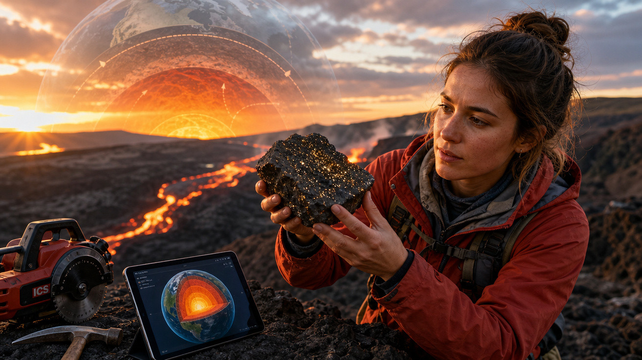 Pesquisadora analisa pedaço de lava com tablet mostrando corte do interior da Terra ao pôr do sol.
