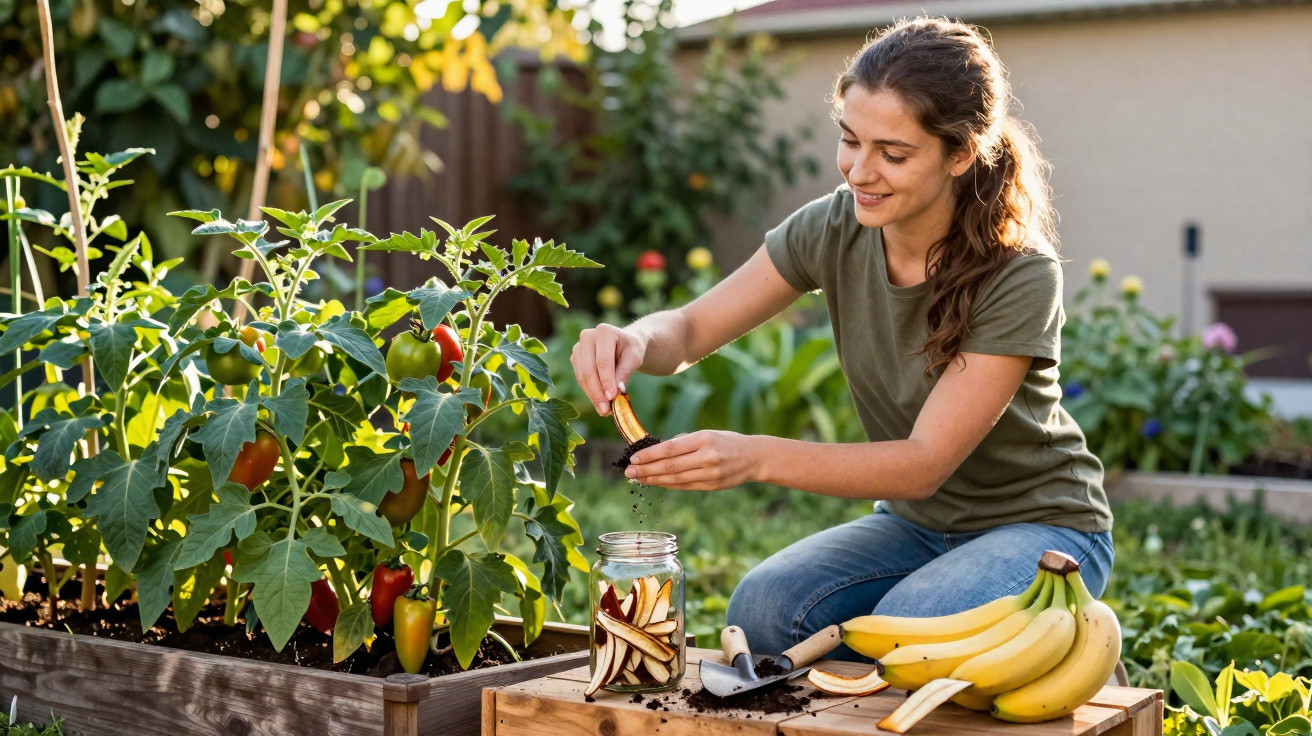 Mulher sorridente plantando sementes de banana em jarra ao lado de plantas de tomate em horta.