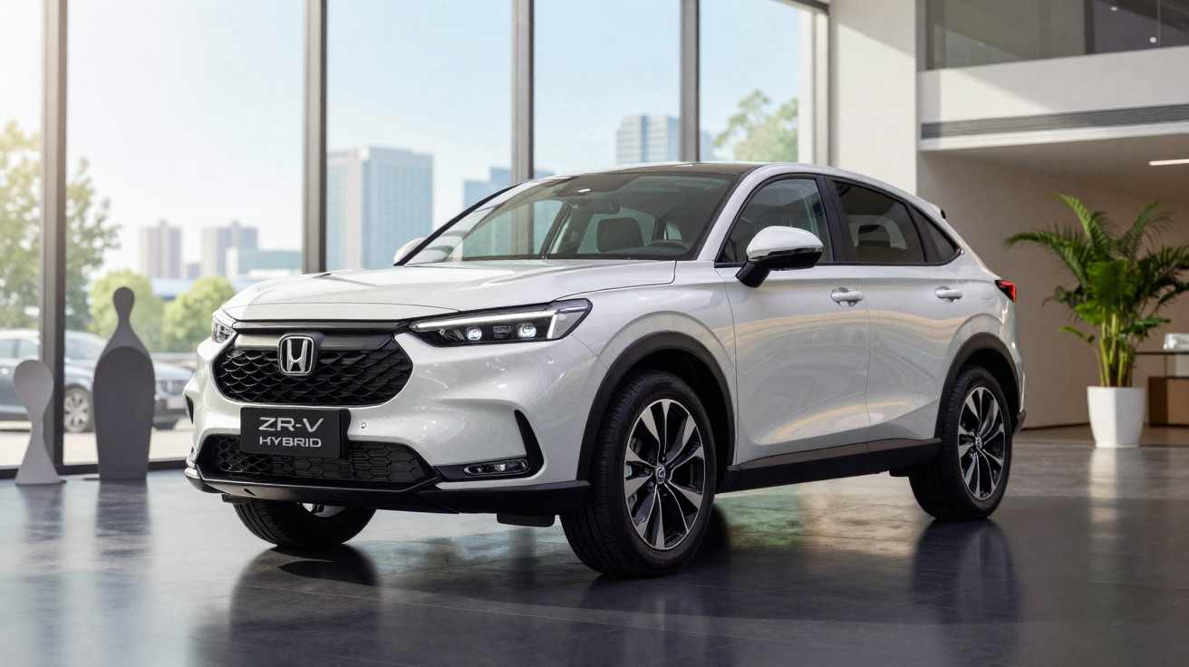 Carro SUV Honda ZR-V Hybrid branco em showroom moderno com piso refletivo e plantas decorativas.