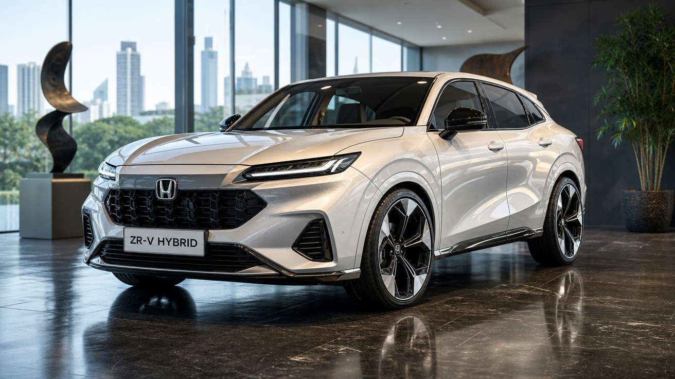SUV Honda ZR-V Hybrid prata em exposição interna com fundo de janelas grandes e prédios ao fundo.