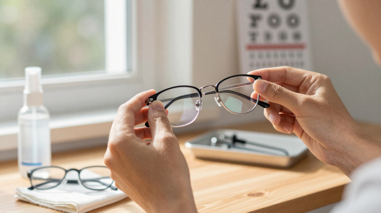 Pessoa segurando óculos de grau com lentes transparentes em ambiente iluminado perto de uma janela.