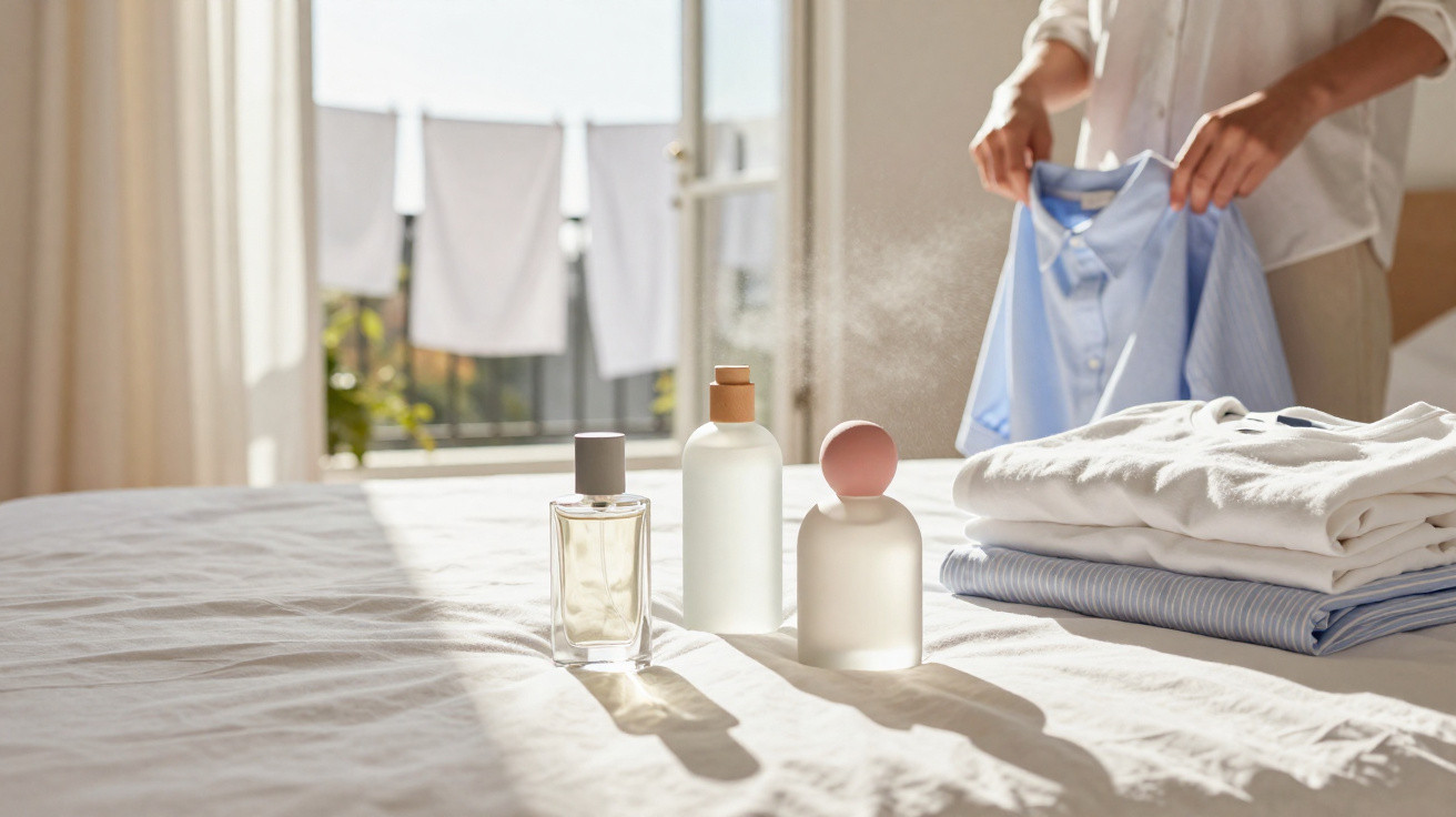 Frascos de perfumes sobre a cama com roupas dobradas e pessoa segurando camisa azul clara ao fundo.